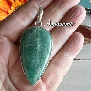Amazonite Pendant Long Teardrop Gemstone Handmade 925 Silver Ethnic Bohemian New